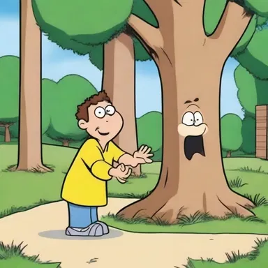 In the cartoon, the sneaky character hid behind a tree, lying in wait to play a prank on their unsuspecting friend.