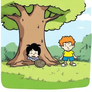 In the cartoon, the sneaky character hid behind a tree, lying in wait to play a prank on their unsuspecting friend.