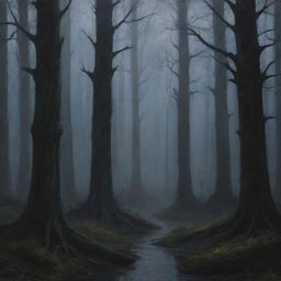 An eerie painting of a dark, dense forest, shrouded in mystery and filled with unknown creatures lurking amidst the trees under the cloak of twilight.