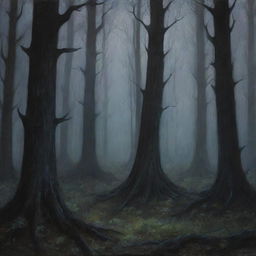 An eerie painting of a dark, dense forest, shrouded in mystery and filled with unknown creatures lurking amidst the trees under the cloak of twilight.