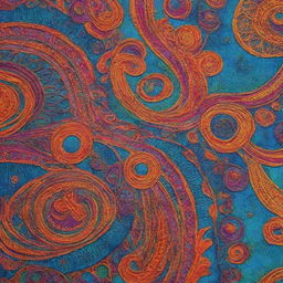 Intricate designs on multicolored fabric using vibrant hues of acrylic paint