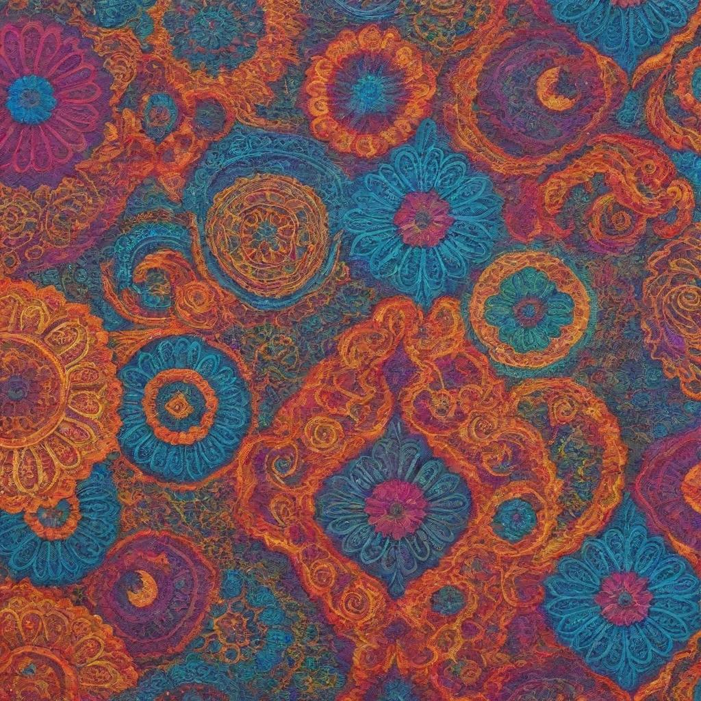 Intricate designs on multicolored fabric using vibrant hues of acrylic paint