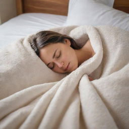 A peaceful scene of a person sleeping soundly, wrapped gently in soft, warm blankets on a comfortable bed.