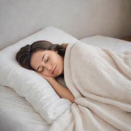 A peaceful scene of a person sleeping soundly, wrapped gently in soft, warm blankets on a comfortable bed.