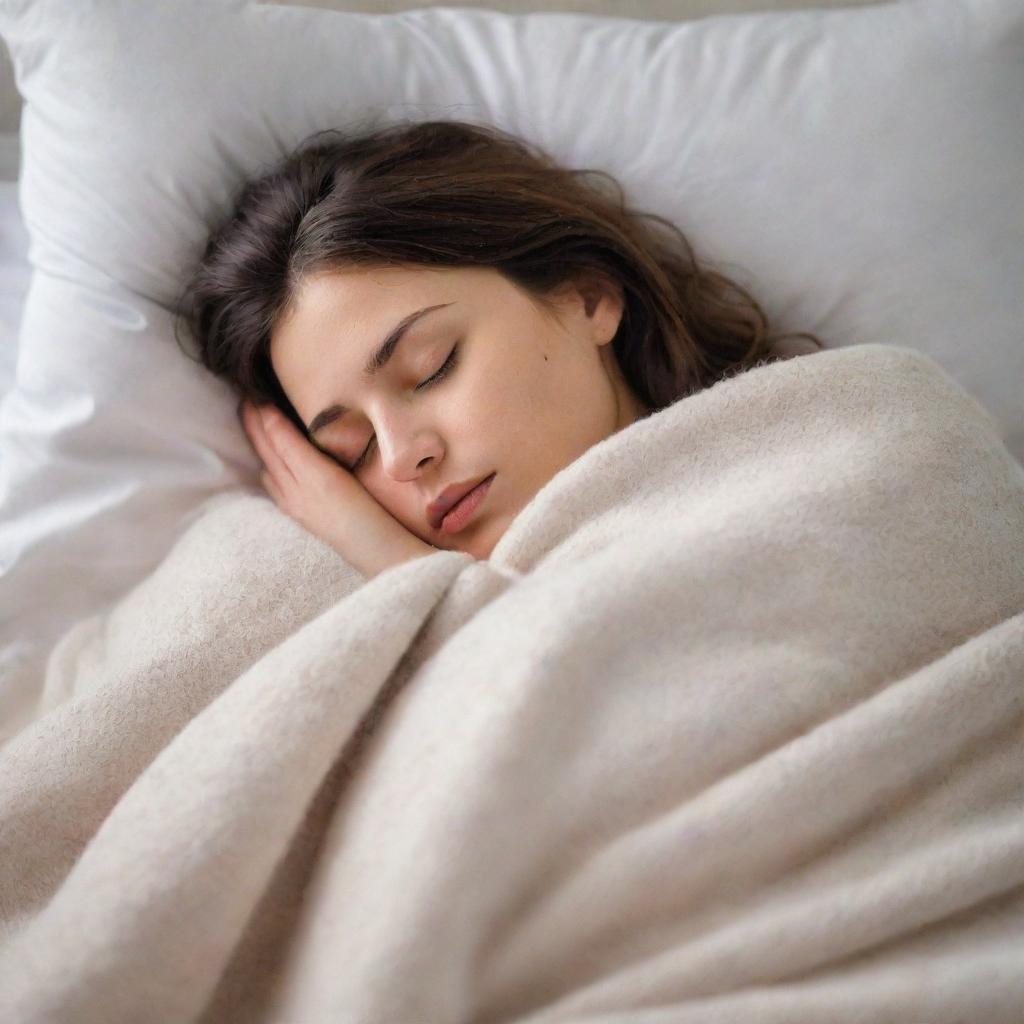 A peaceful scene of a person sleeping soundly, wrapped gently in soft, warm blankets on a comfortable bed.