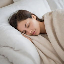 A peaceful scene of a person sleeping soundly, wrapped gently in soft, warm blankets on a comfortable bed.