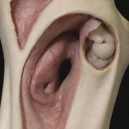 Detailed human anatomy showing a large tear in the posterior horn of the medial meniscus with both superior and inferior articular surfaces involved. The anterior horn is marked as intact.