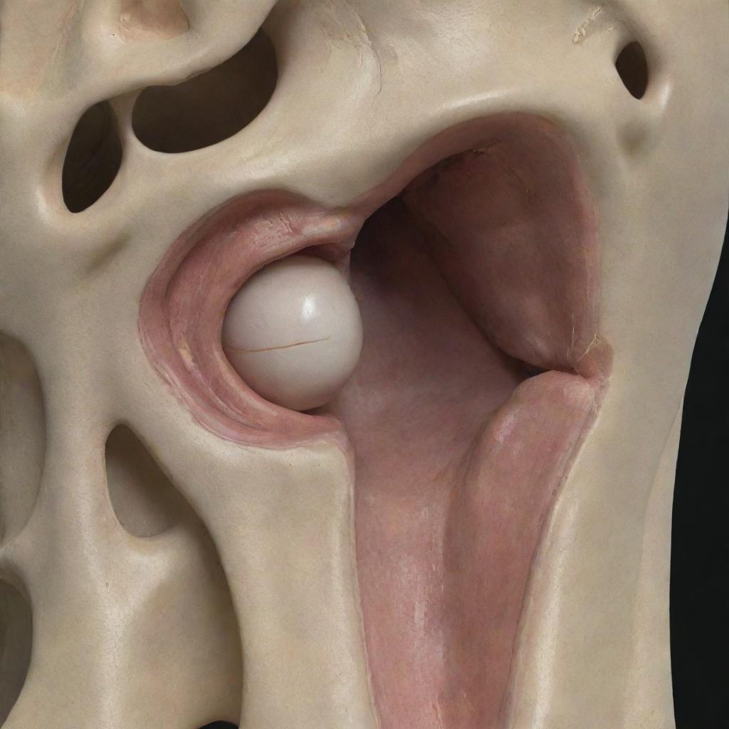 Detailed human anatomy showing a large tear in the posterior horn of the medial meniscus with both superior and inferior articular surfaces involved. The anterior horn is marked as intact.