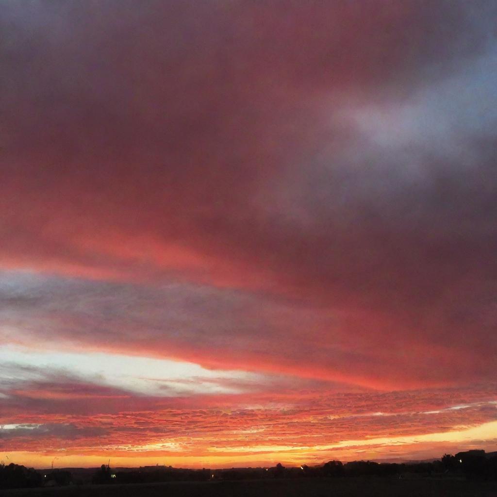 A stunning, vibrant red sky at sunset, casting warm hues across the expanse above.