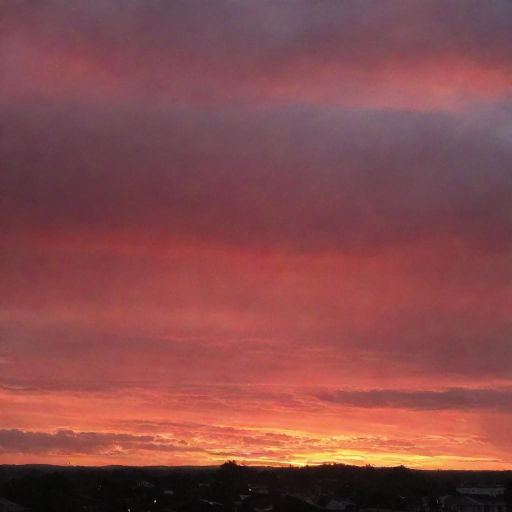 A stunning, vibrant red sky at sunset, casting warm hues across the expanse above.