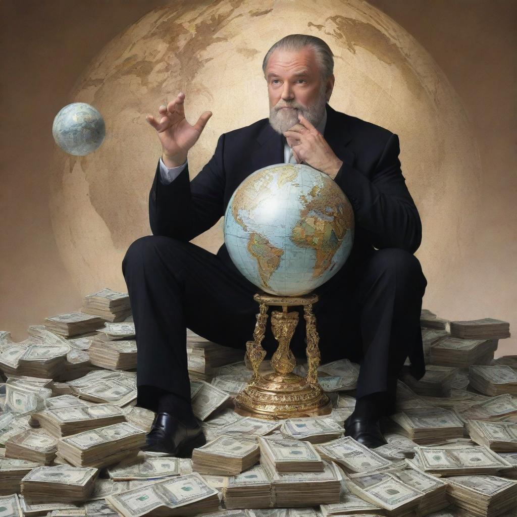 A strikingly charismatic giant holding a gleaming globe amongst a mound of opulent currency, deep in thought orchestrating strategies and plans.