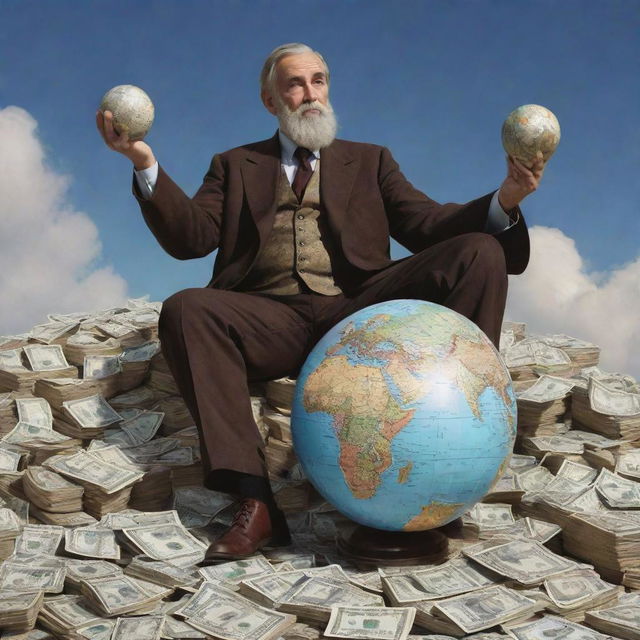 A strikingly charismatic giant holding a gleaming globe amongst a mound of opulent currency, deep in thought orchestrating strategies and plans.