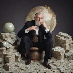 A strikingly charismatic giant holding a gleaming globe amongst a mound of opulent currency, deep in thought orchestrating strategies and plans.