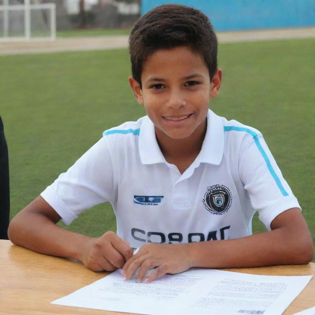 A boy signing a contract with Defensores de Belgrano football club in a professional setting, beaming with pride and anticipation.