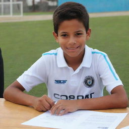 A boy signing a contract with Defensores de Belgrano football club in a professional setting, beaming with pride and anticipation.