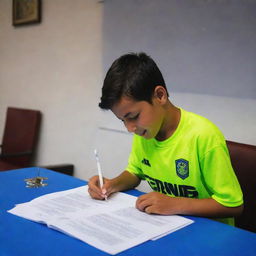 A boy signing a contract with Defensores de Belgrano football club in a professional setting, beaming with pride and anticipation.