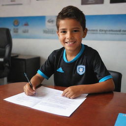 A boy signing a contract with Defensores de Belgrano football club in a professional setting, beaming with pride and anticipation.