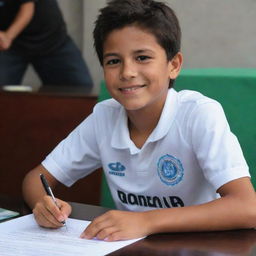 A boy signing a contract with Defensores de Belgrano football club in a professional setting, beaming with pride and anticipation.