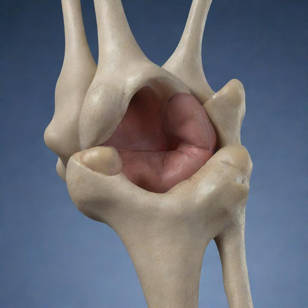 A 3D detailed view of a human knee demonstrating a large tear in the posterior horn of the medial meniscus, reaching both the superior and inferior articular surfaces, with an intact anterior horn.