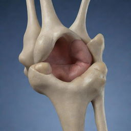 A 3D detailed view of a human knee demonstrating a large tear in the posterior horn of the medial meniscus, reaching both the superior and inferior articular surfaces, with an intact anterior horn.