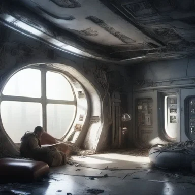 In the science fiction novel, the protagonist takes refuge in an abandoned spaceship that becomes their temporary pad.