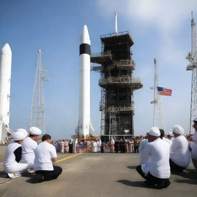 The pilgrims gathered around the launchpad, offering prayers and seeking divine blessings before the rocket's takeoff.