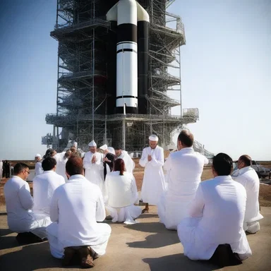 The pilgrims gathered around the launchpad, offering prayers and seeking divine blessings before the rocket's takeoff.