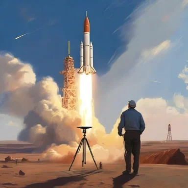 The artist stood on the launch area, his easel in hand, ready to capture the majestic scene of the rocket soaring into the sky.