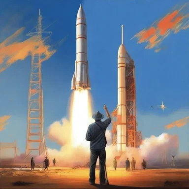 The artist stood on the launch area, his easel in hand, ready to capture the majestic scene of the rocket soaring into the sky.