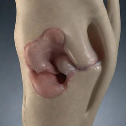 A 3D detailed view of a human knee demonstrating a large tear in the posterior horn of the medial meniscus, reaching both the superior and inferior articular surfaces, with an intact anterior horn.