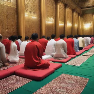 The worshipers kneeled on a padded mat in the temple during prayer.