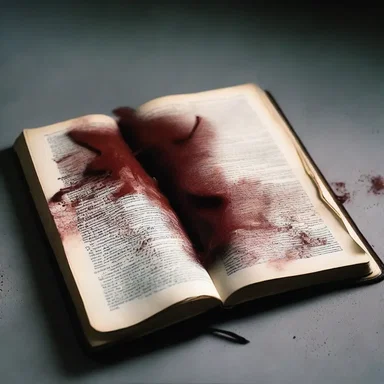 As the character opened the haunted book, a pad of blood-soaked pages fell out, filling the room with a sense of dread.