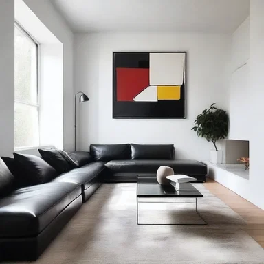 The minimalist living room was furnished with a sleek black leather sofa, a glass coffee table, and a pad of abstract paintings on the walls.
