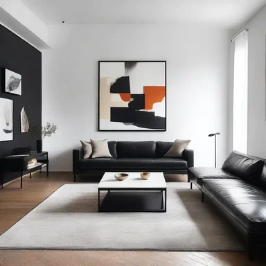 The minimalist living room was furnished with a sleek black leather sofa, a glass coffee table, and a pad of abstract paintings on the walls.
