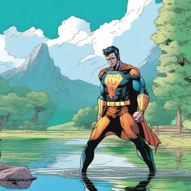 In the latest issue of the superhero comic, the protagonist battled a villain amidst a scenic backdrop of vibrant pads on a tranquil lake.