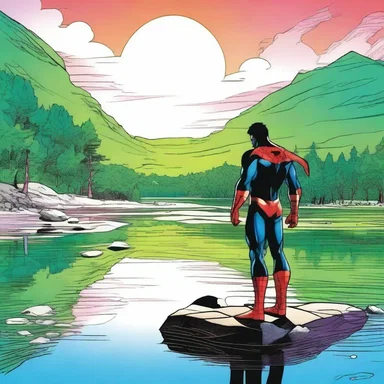 In the latest issue of the superhero comic, the protagonist battled a villain amidst a scenic backdrop of vibrant pads on a tranquil lake.
