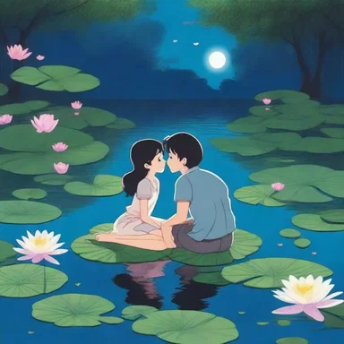 The movie had an enchanting scene where the lead characters shared a magical moment, floating on lily pads in a moonlit pond.
