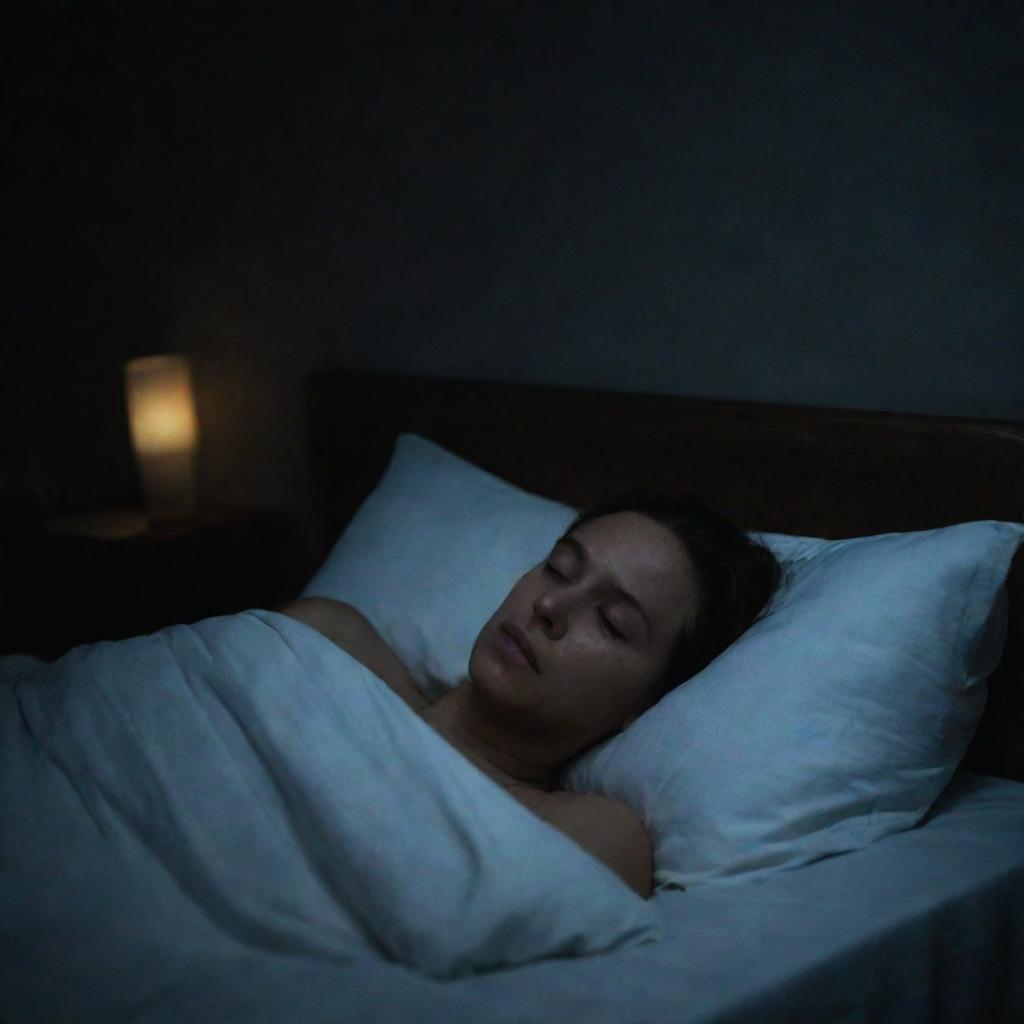 A person lying in bed at night, unable to sleep due to visible stress. The room is dark, with the exception of faint moonlight illuminating their concerned expression.