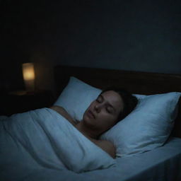 A person lying in bed at night, unable to sleep due to visible stress. The room is dark, with the exception of faint moonlight illuminating their concerned expression.