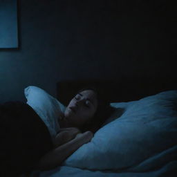 A person lying in bed at night, unable to sleep due to visible stress. The room is dark, with the exception of faint moonlight illuminating their concerned expression.