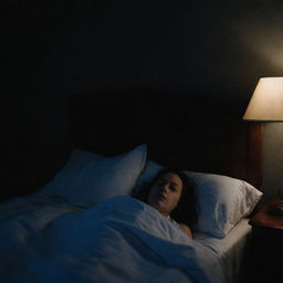 A person lying in bed at night, unable to sleep due to visible stress. The room is dark, with the exception of faint moonlight illuminating their concerned expression.