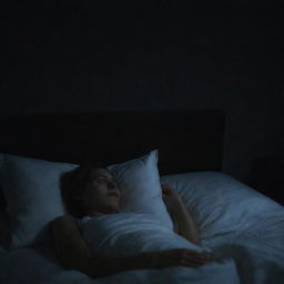 A person lying in bed at night, unable to sleep due to visible stress. The room is dark, with the exception of faint moonlight illuminating their concerned expression.