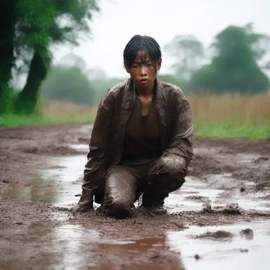 In the episode, the tired and exhausted character can be seen padding along the muddy road.
