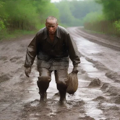 In the episode, the tired and exhausted character can be seen padding along the muddy road.