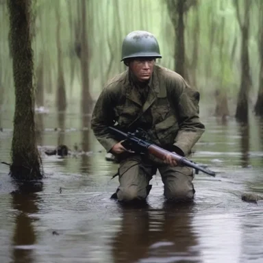 In the movie, the worn-out soldier was shown padding through the swampy jungle.