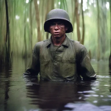In the movie, the worn-out soldier was shown padding through the swampy jungle.