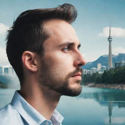 A young man with a small beard, lost in a daydream. His thoughts represented by a surreal, transparent overlay of iconic Canadian landmarks like the CN Tower, Rocky Mountains, and Niagara Falls