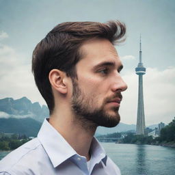 A young man with a small beard, lost in a daydream. His thoughts represented by a surreal, transparent overlay of iconic Canadian landmarks like the CN Tower, Rocky Mountains, and Niagara Falls