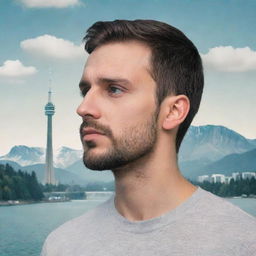 A young man with a small beard, lost in a daydream. His thoughts represented by a surreal, transparent overlay of iconic Canadian landmarks like the CN Tower, Rocky Mountains, and Niagara Falls