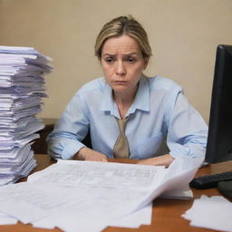 A person with an anxious expression, wrinkled forehead, pursed lips, and sweaty skin, sitting at a cluttered desk with piles of paperwork and a computer